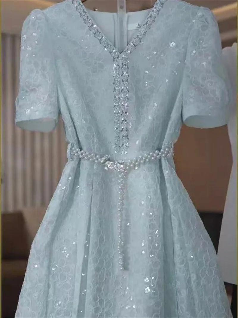 Dress For Women In Summer 2025 Light Luxury Temperament Heavy Industry Sequins Elegant and Niche Waist Hugging Dress Short Skirt