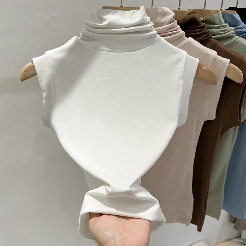 Women Summer Sexy Turtleneck Sleeveless T-Shirts Tops Solid Slim Fit Pullovers Causal Tees Shirts Female Streetwear Basics Tees