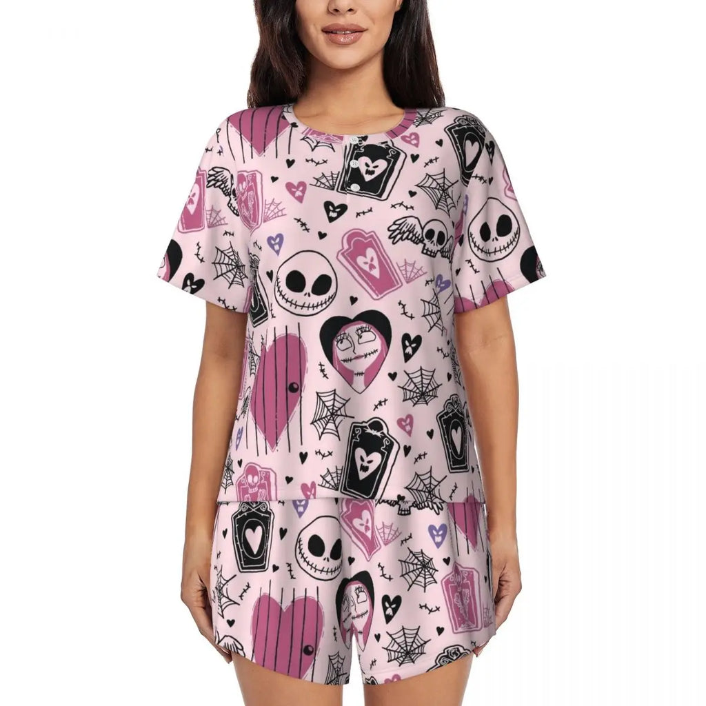Women's Nightmare Before Christmas Jack Skellington Pajamas Set Printed 2 Piece Pjs Sets Short Sleeve Sleepwear Loungewear