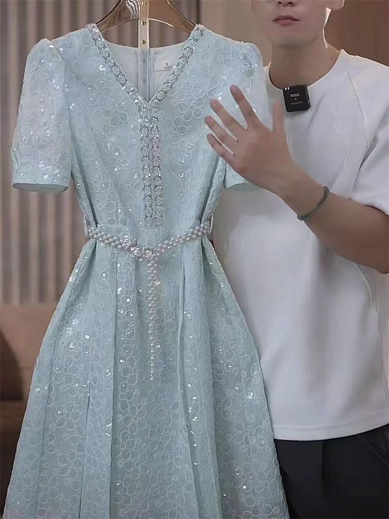 Dress For Women In Summer 2025 Light Luxury Temperament Heavy Industry Sequins Elegant and Niche Waist Hugging Dress Short Skirt