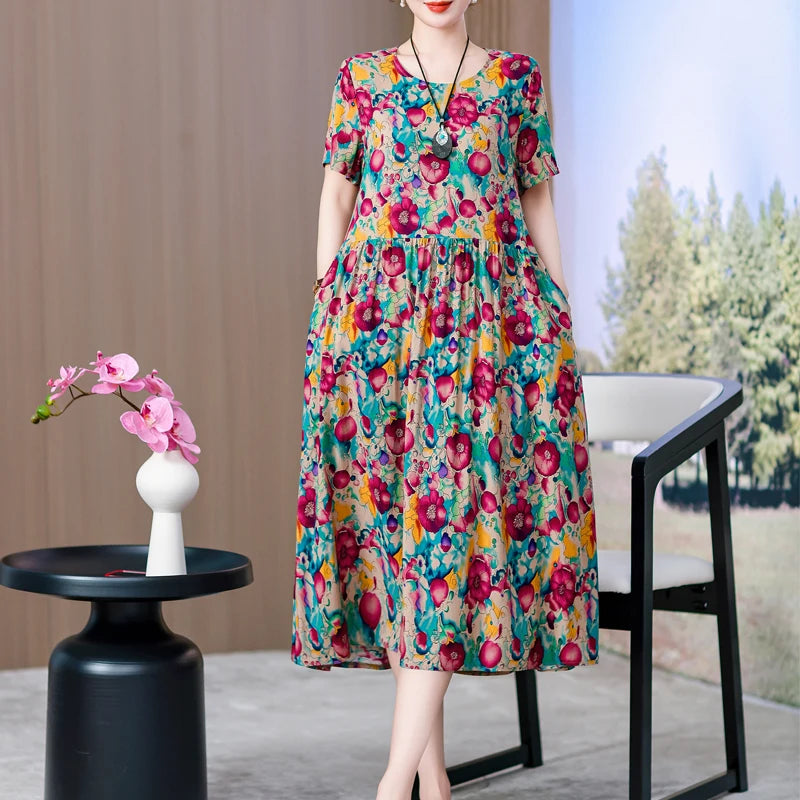 summer dress elegant clothing 2025 short sleeve  vintage floral new  dresses for women casual loose long