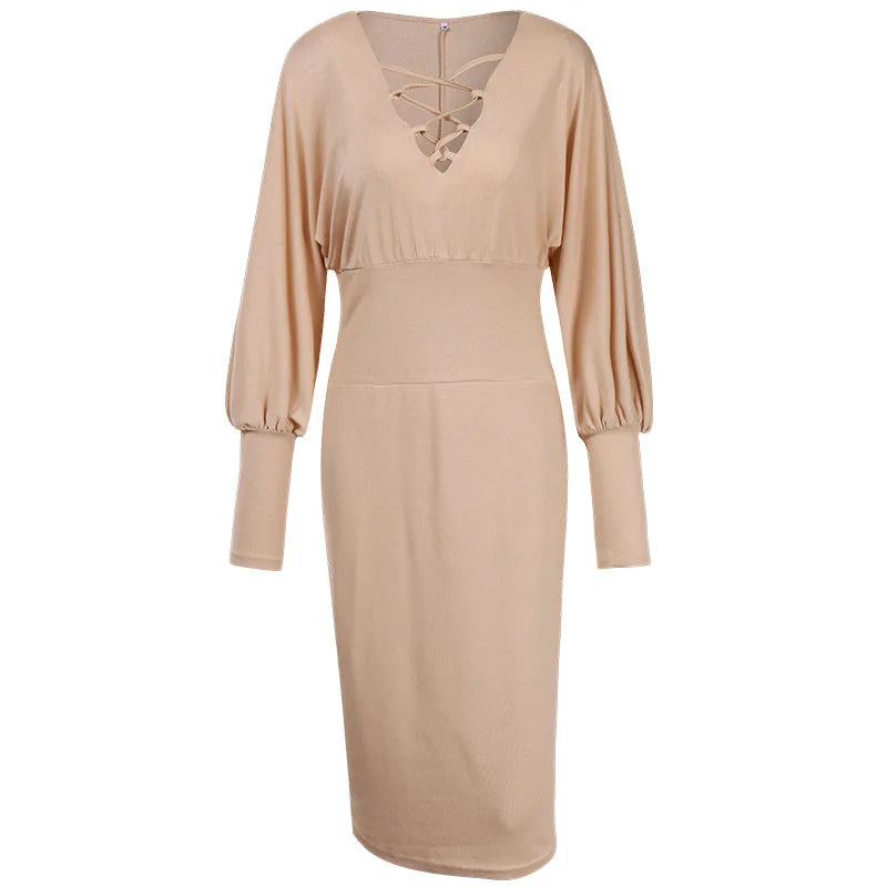 Dresses for Women 2022 Summer Autumn Fashion Casual V Neck Long Sleeve Hollow Out Waist Pack Hip Dress