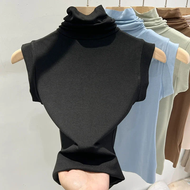 Women Summer Sexy Turtleneck Sleeveless T-Shirts Tops Solid Slim Fit Pullovers Causal Tees Shirts Female Streetwear Basics Tees