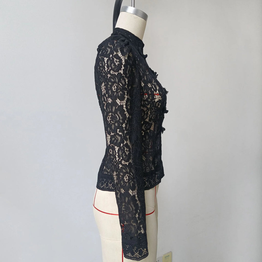 Tossy Summer Lace Printed Shirts Tops Female Hollow Out Fashion Commute Vintage See-Through Blouse Women's Lace Shrug Shirts New