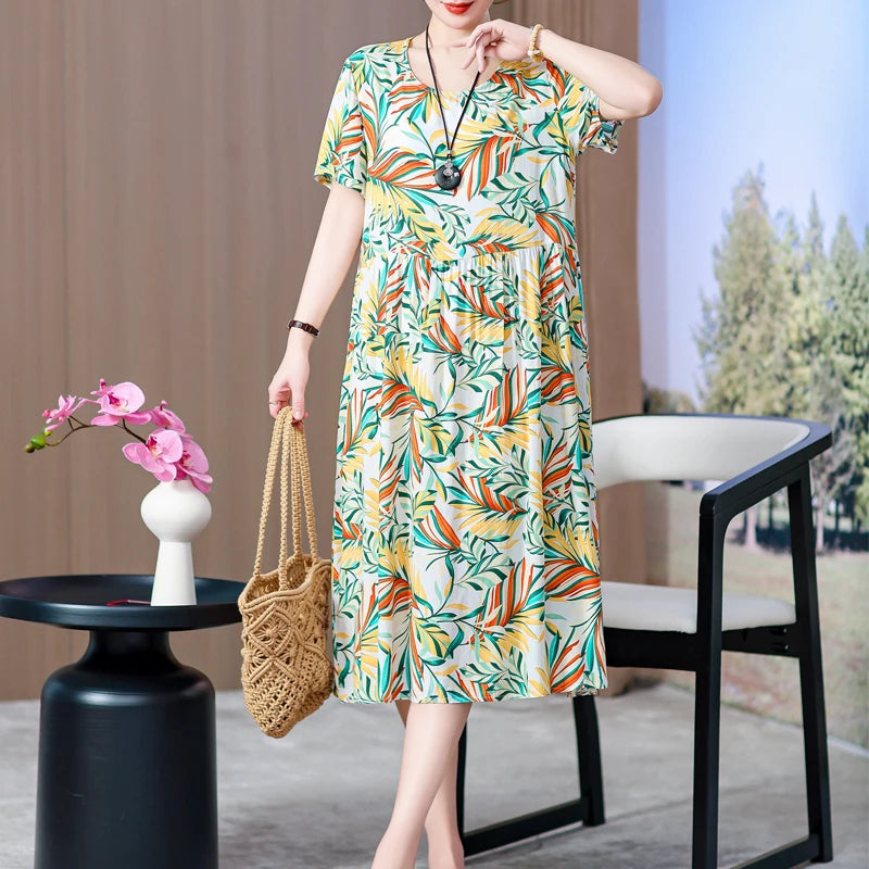 summer dress elegant clothing 2025 short sleeve  vintage floral new  dresses for women casual loose long