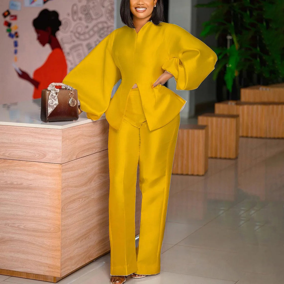 2 Pieces Pants Sets For Women Outfits Solid Satin Blouse & Long Trousers Fashion African Laides Office Work Wear Matching Sets