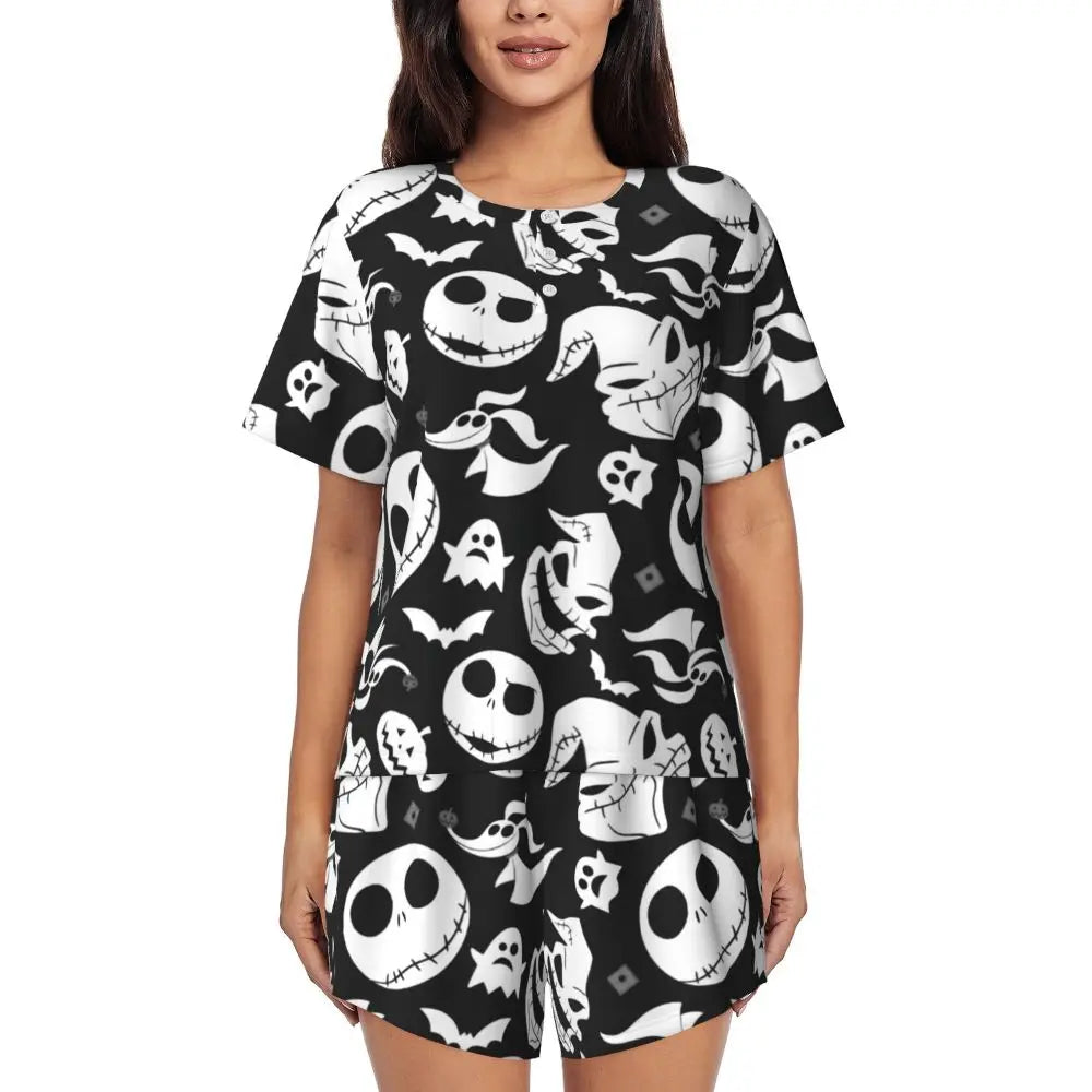 Women's Nightmare Before Christmas Jack Skellington Pajamas Set Printed 2 Piece Pjs Sets Short Sleeve Sleepwear Loungewear