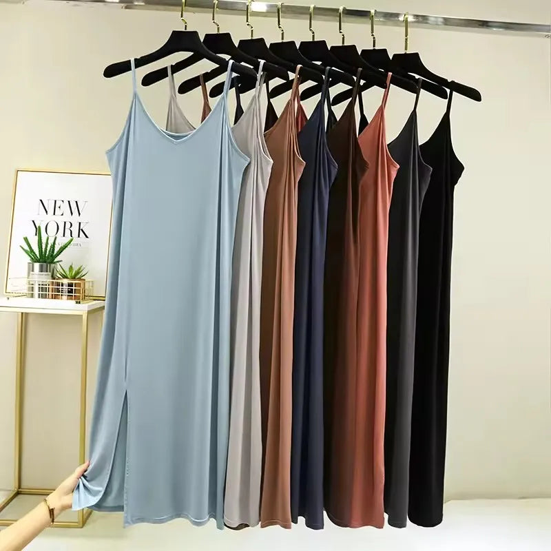 Women Summer Dresses Casual V Neck Full Under Slip Dress Spaghetti Strap Seamless Loose Split Bottming Thin All-Match Dress
