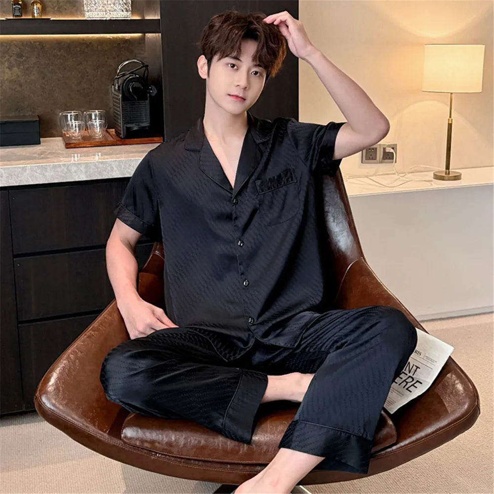 Women Men Pajamas Short Sleeved Shirt Trousers Ice Silk Sleepwear Loungewear Nightwear Homewear