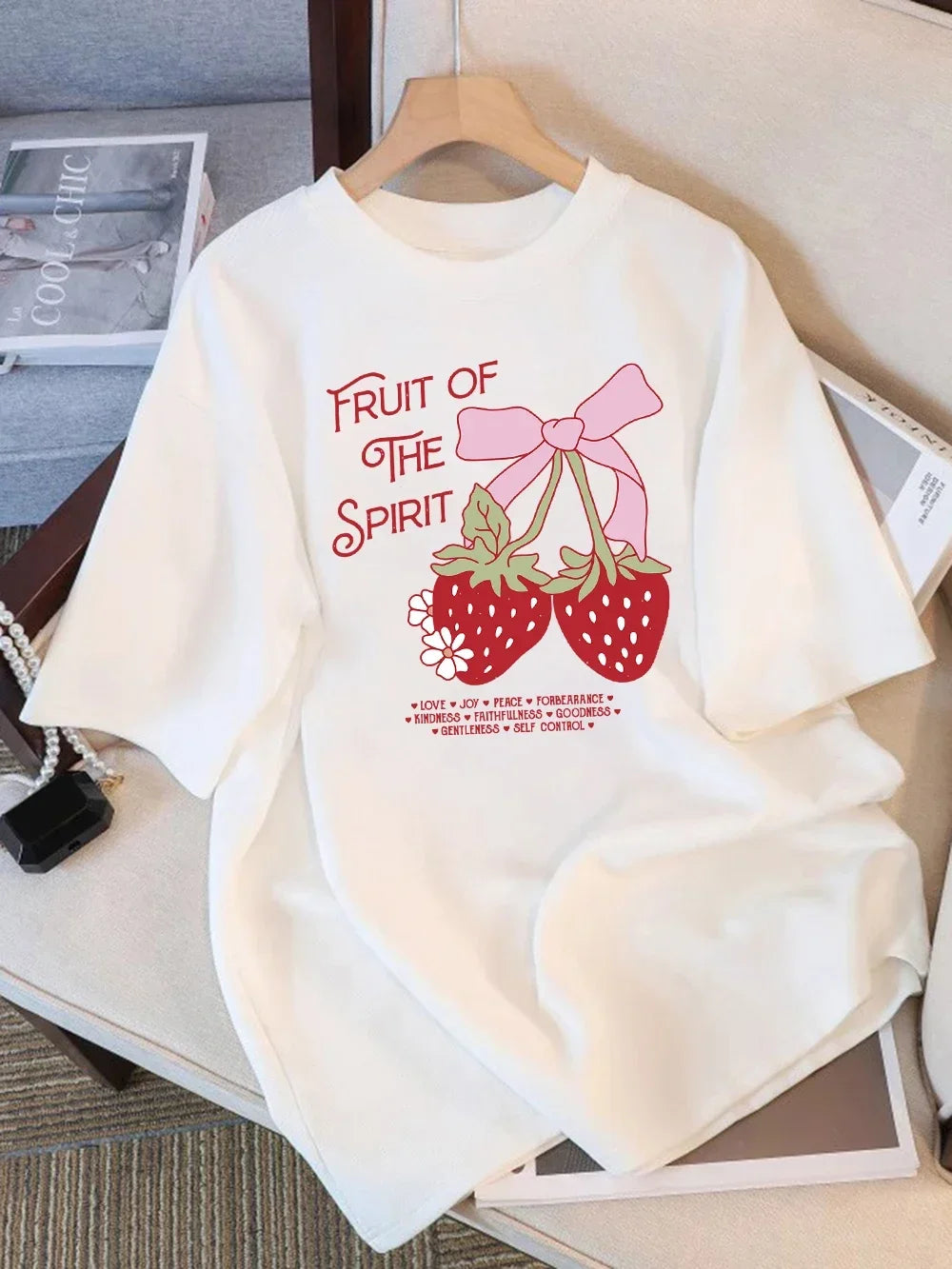 Summer T-Shirts Women Fruit of The Spirit Strawberry Print Tops O-Neck Soft Comfortable T Shirt Basic Woman Clothes Graphic Y2K