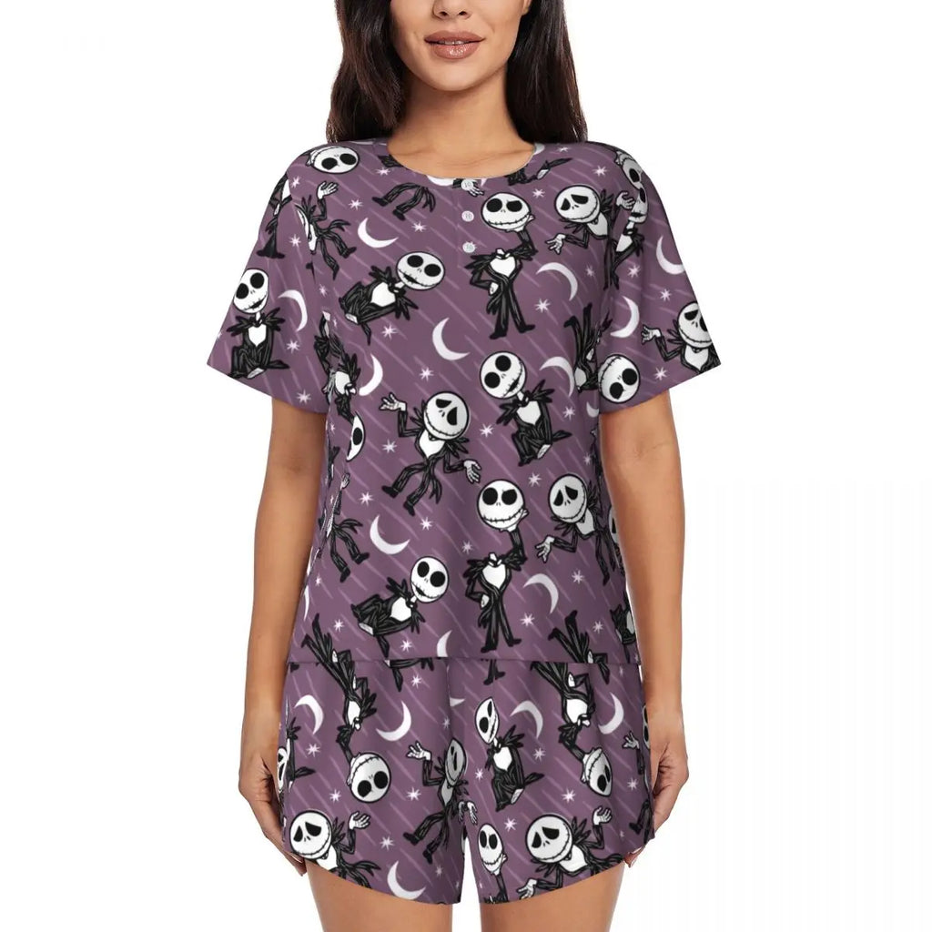 Women's Nightmare Before Christmas Jack Skellington Pajamas Set Printed 2 Piece Pjs Sets Short Sleeve Sleepwear Loungewear