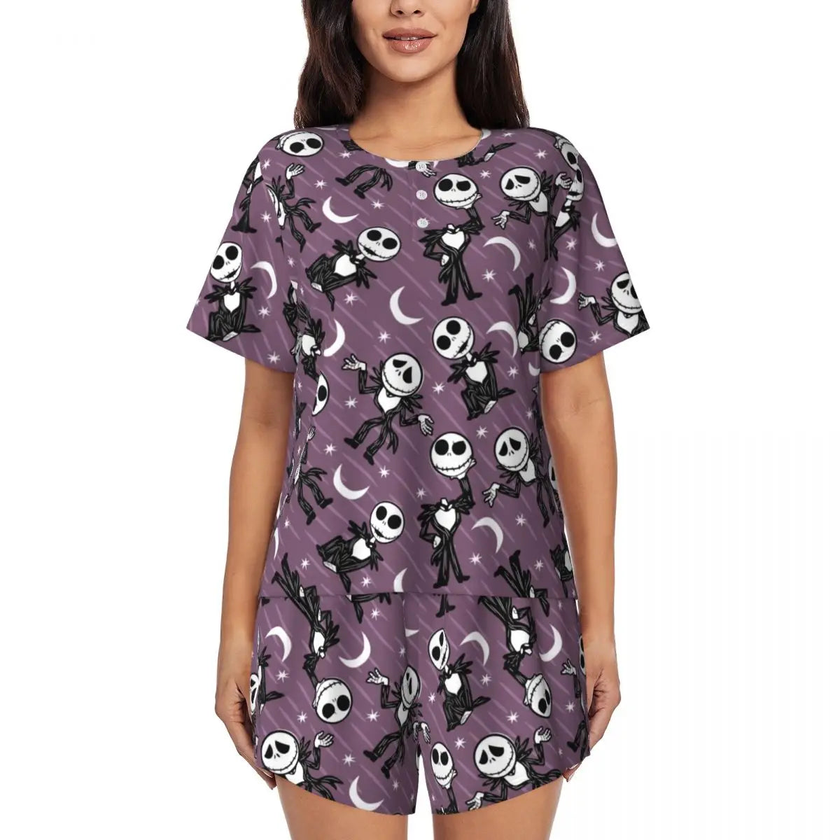 Women's Nightmare Before Christmas Jack Skellington Pajamas Set Printed 2 Piece Pjs Sets Short Sleeve Sleepwear Loungewear