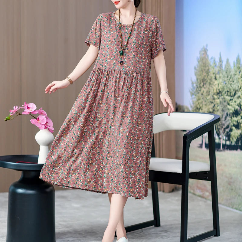 summer dress elegant clothing 2025 short sleeve  vintage floral new  dresses for women casual loose long