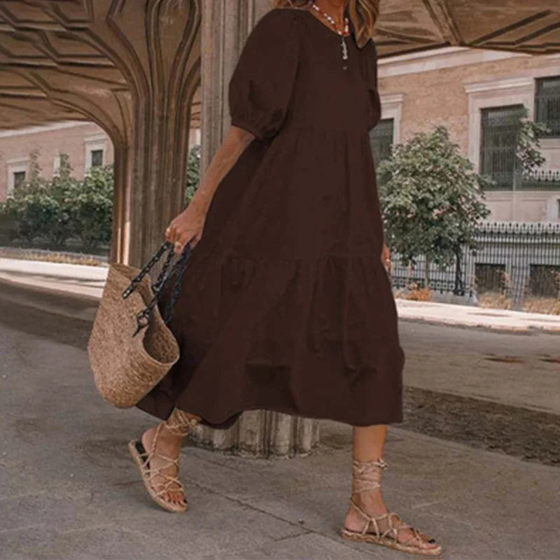 Summer Women Loose Mid-Calf Dress Vintage Lantern Sleeve Long Dresses Boho Ladies Beach DressesLoose Vestido Casual