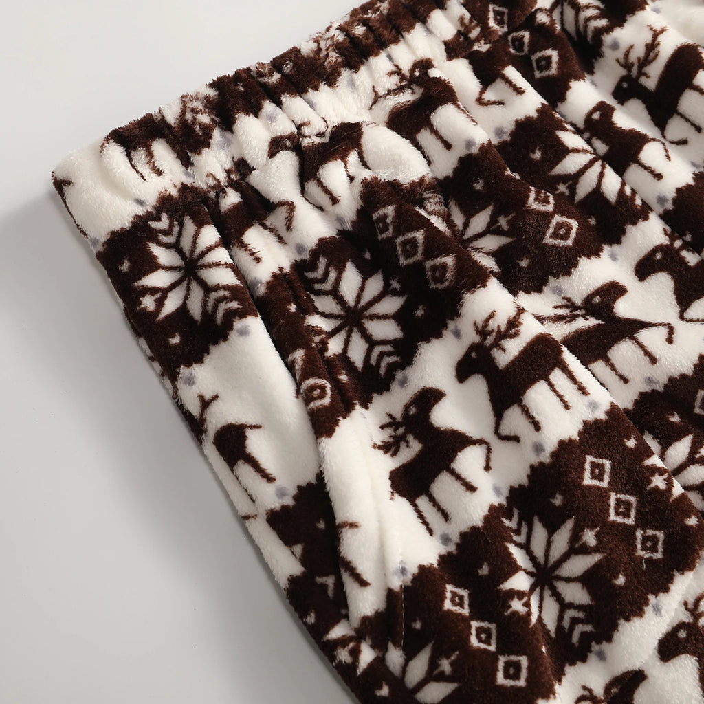 Women Christmas Printed Pajama Pants Winter Warm Soft Plush Sleep Pants Comfy Elastic Waist Home Clothes Bottoms with 2 Pockets