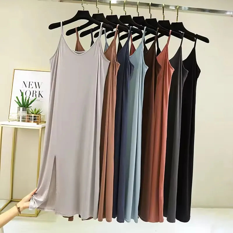 Women Summer Dresses Casual V Neck Full Under Slip Dress Spaghetti Strap Seamless Loose Split Bottming Thin All-Match Dress