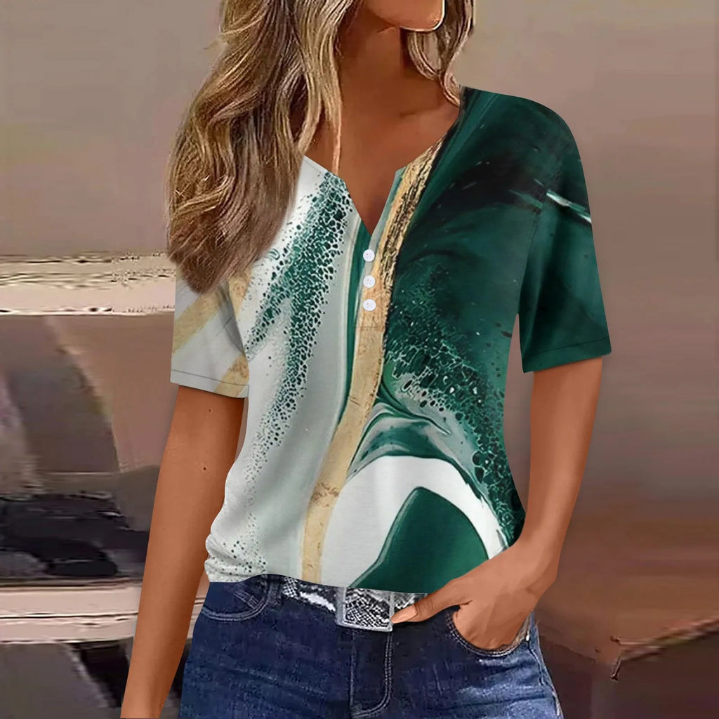 Summer Women T-Shirts 3D Fashion Print Gradient Harajuku T Shirt Oversized Tees for Ladies Clothing New Short Sleeve V-Neck Tops