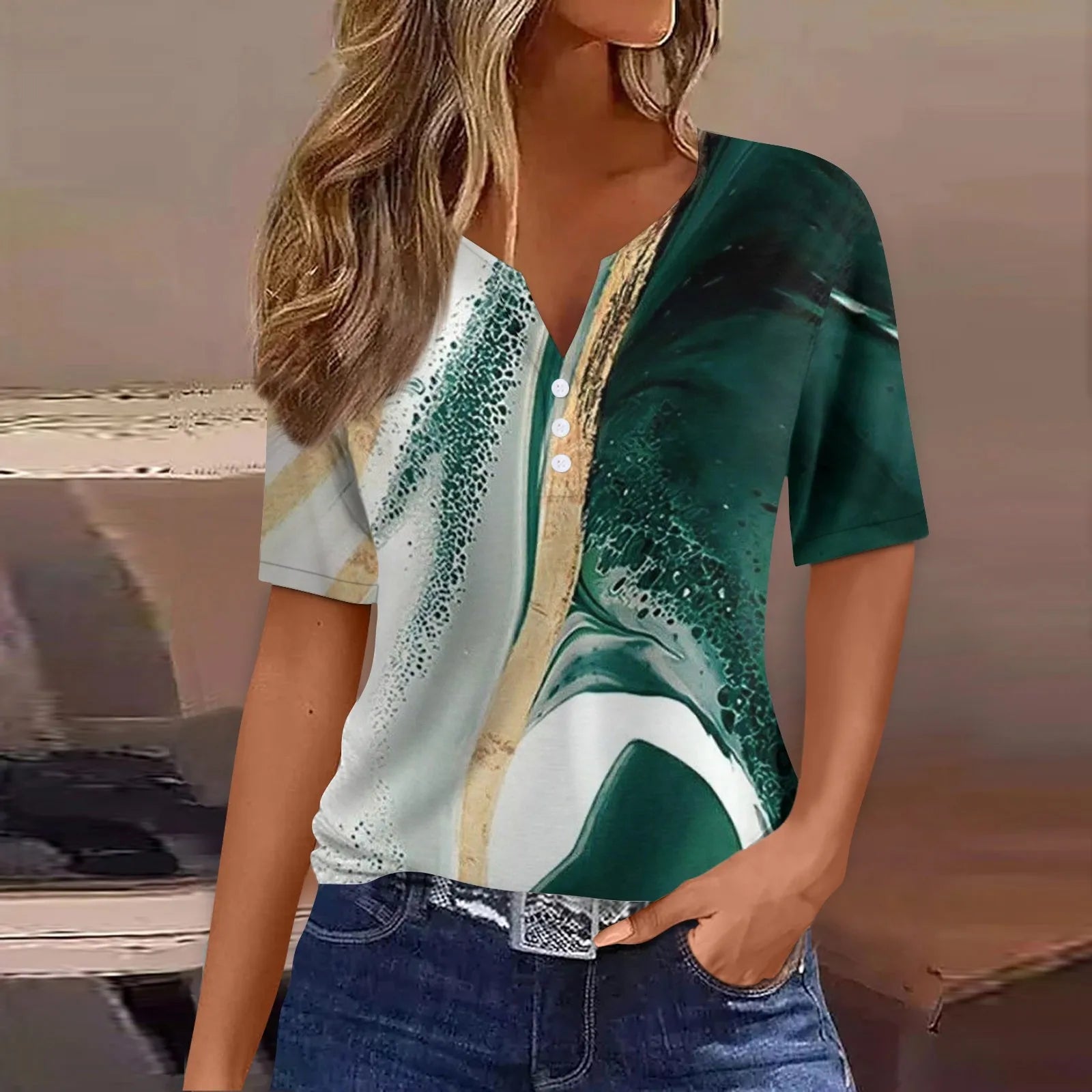 Summer Women T-Shirts 3D Fashion Print Gradient Harajuku T Shirt Oversized Tees for Ladies Clothing New Short Sleeve V-Neck Tops