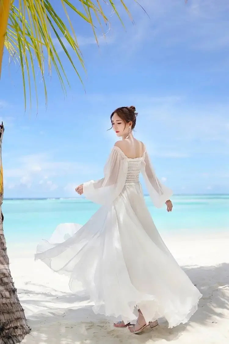 Dresses for Women Summer New Chiffon off-Shoulder Dress White Dress Vestido De Mujer