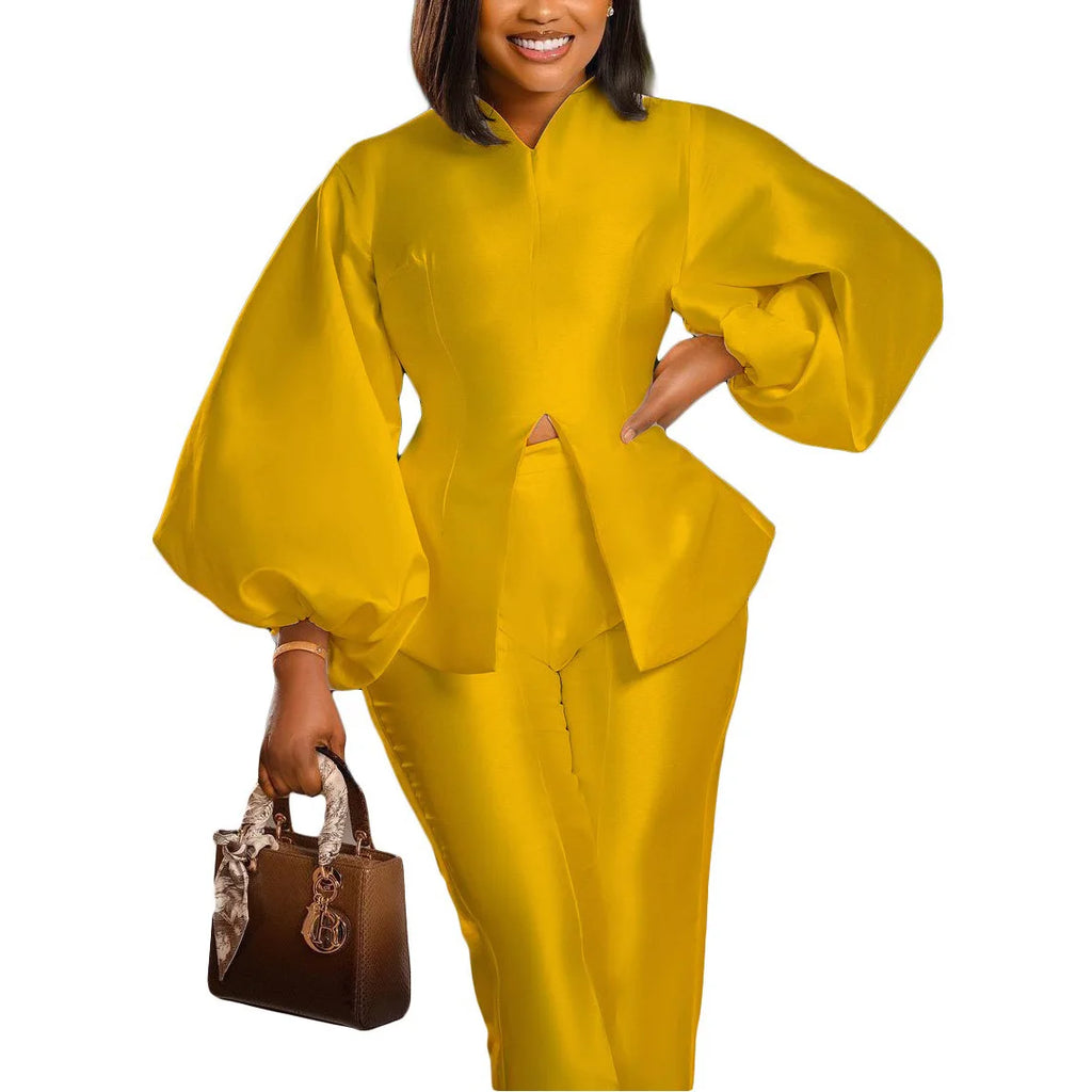 2 Pieces Pants Sets For Women Outfits Solid Satin Blouse & Long Trousers Fashion African Laides Office Work Wear Matching Sets