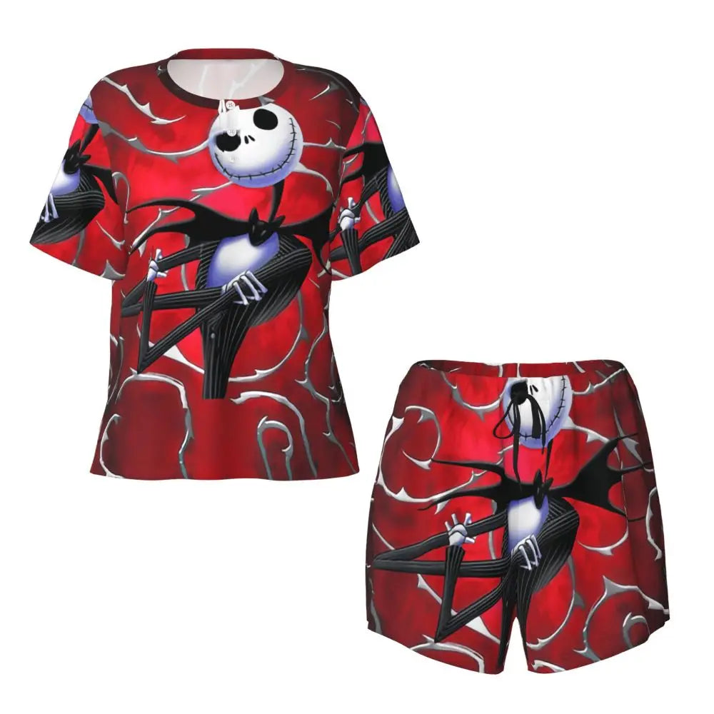 Women's Nightmare Before Christmas Jack Skellington Pajamas Set Printed 2 Piece Pjs Sets Short Sleeve Sleepwear Loungewear