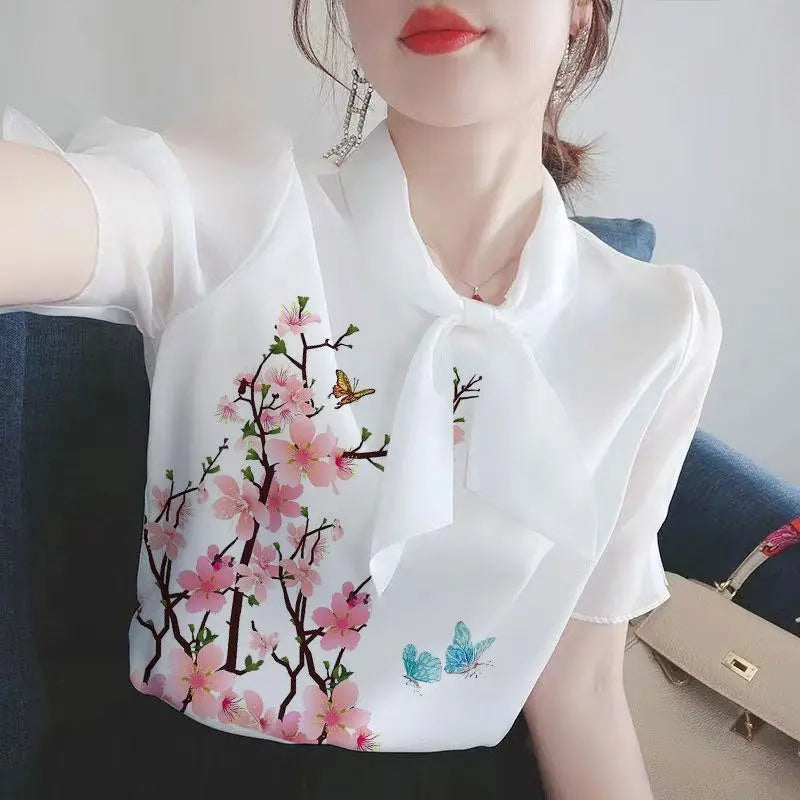 Women Clothing Summer Thin Fashion Simplicity White Printing Short Sleeve Shirts Women's Trend Casual All-match Temperament Tops