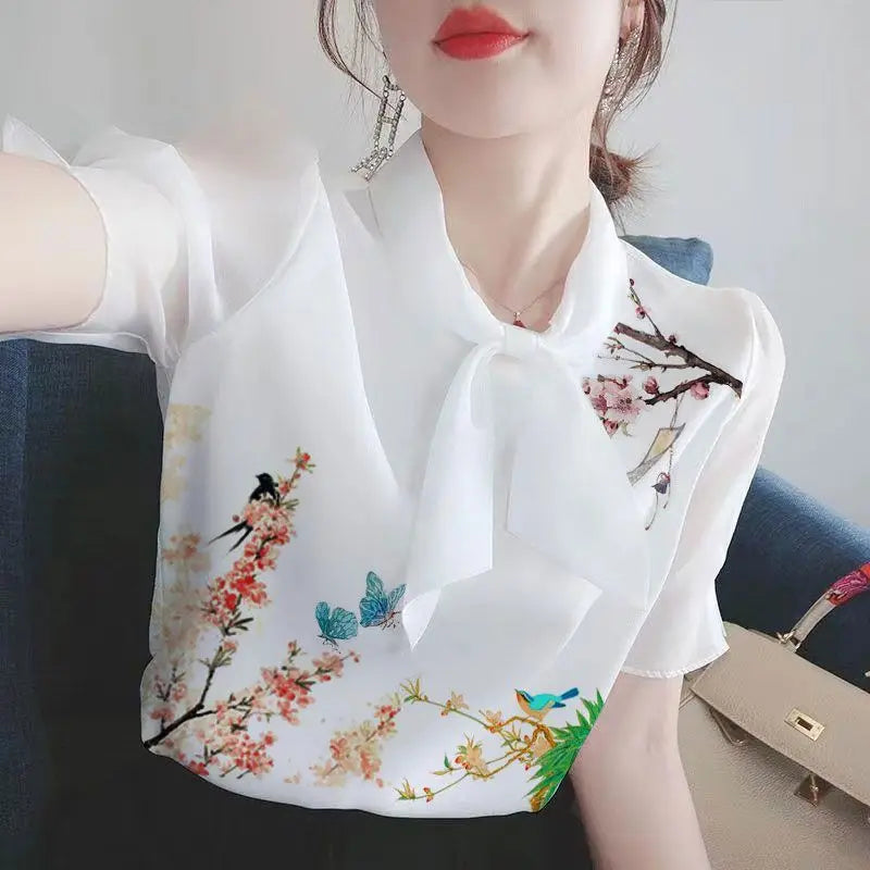 Women Clothing Summer Thin Fashion Simplicity White Printing Short Sleeve Shirts Women's Trend Casual All-match Temperament Tops
