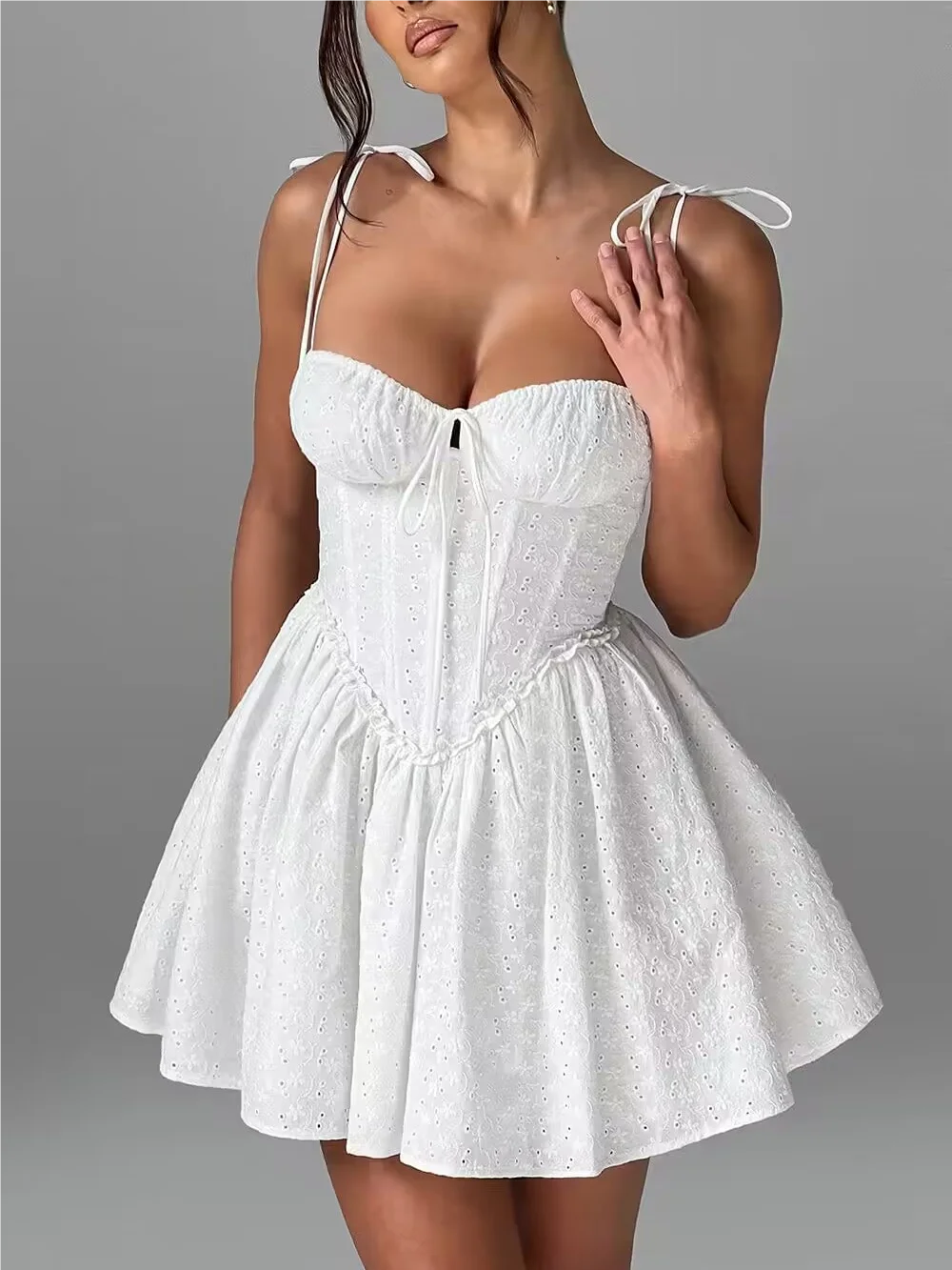 Summer dress 2025 Women Sexy White Lace Dressses Embroideryed Bodycon Mini Dress Korean Fashion Ruffle Dresss Lace Up Fish Bone