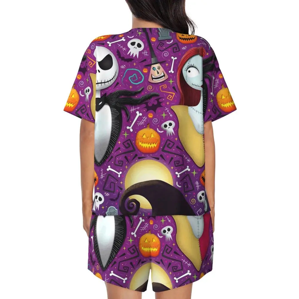 Women's Nightmare Before Christmas Jack Skellington Pajamas Set Printed 2 Piece Pjs Sets Short Sleeve Sleepwear Loungewear