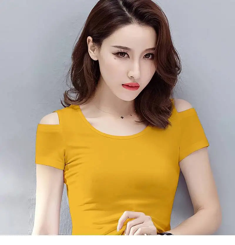 Women Clothes Summer Trend Simplicity Solid Color O-neck Off Shoulder Short Sleeve T-Shirt Women's Fashion Casual All-match Tops
