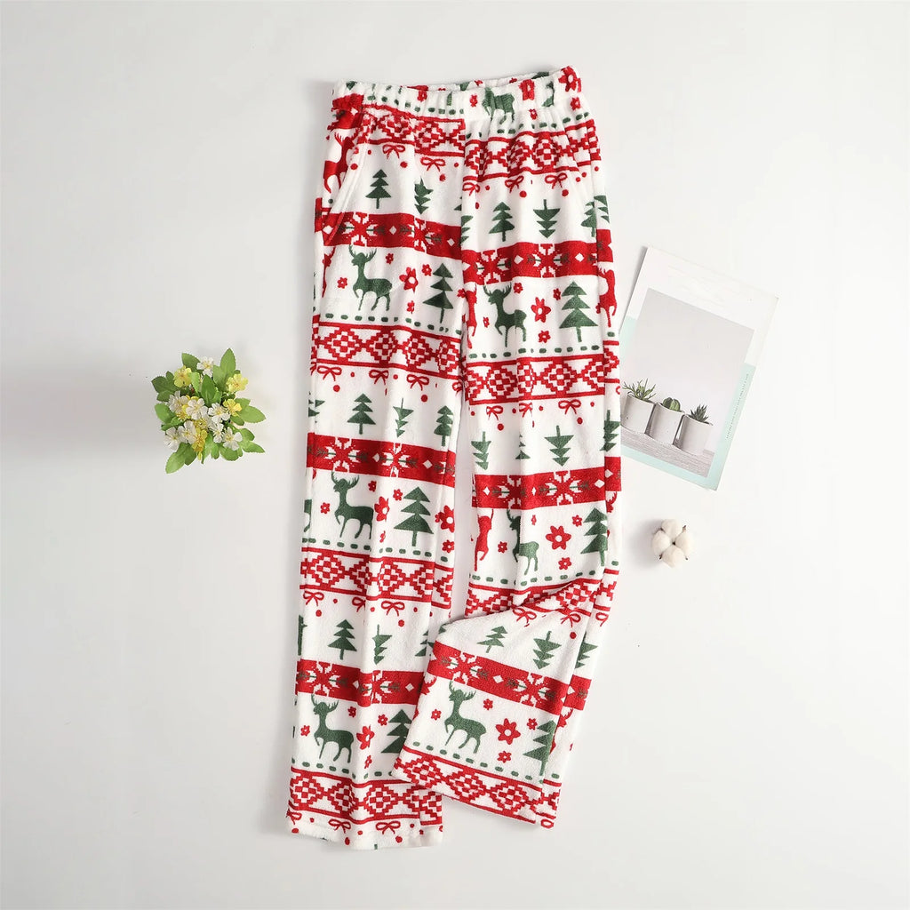 Women Christmas Printed Pajama Pants Winter Warm Soft Plush Sleep Pants Comfy Elastic Waist Home Clothes Bottoms with 2 Pockets