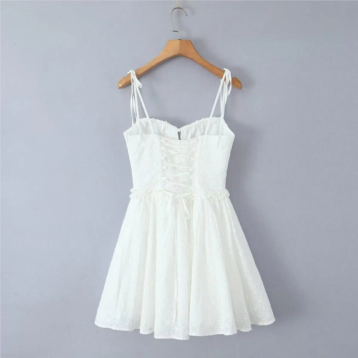 Summer dress 2025 Women Sexy White Lace Dressses Embroideryed Bodycon Mini Dress Korean Fashion Ruffle Dresss Lace Up Fish Bone