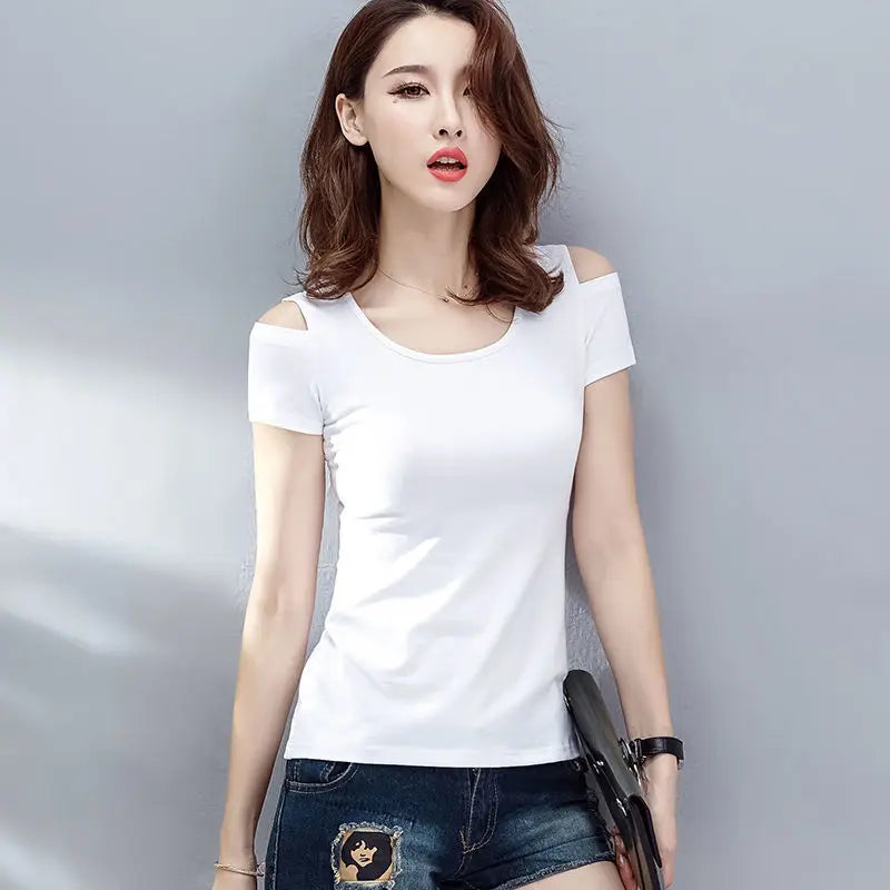 Women Clothes Summer Trend Simplicity Solid Color O-neck Off Shoulder Short Sleeve T-Shirt Women's Fashion Casual All-match Tops
