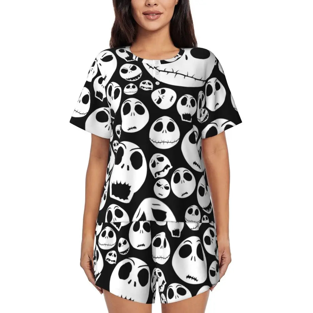Women's Nightmare Before Christmas Jack Skellington Pajamas Set Printed 2 Piece Pjs Sets Short Sleeve Sleepwear Loungewear