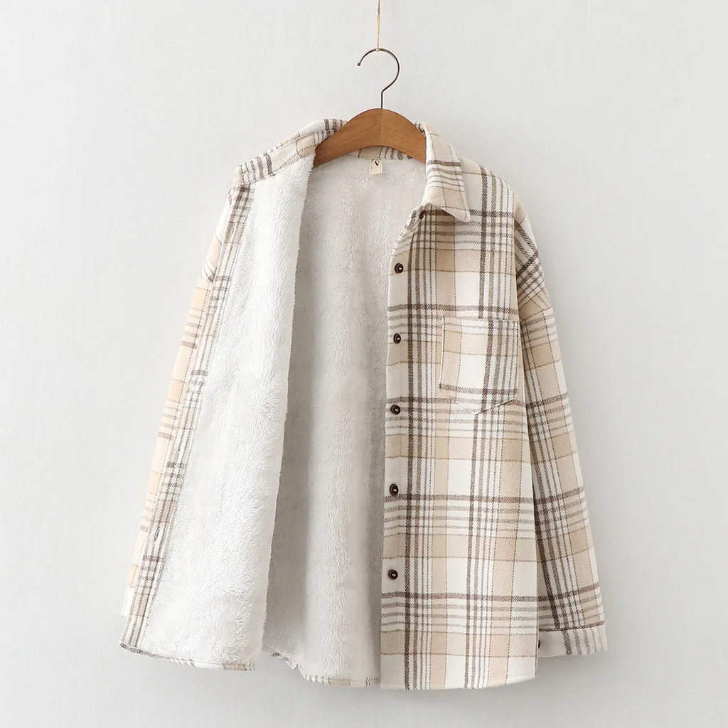 Fashion Thick Velvet Plaid Shirts Women Autumn Winter Keep Warm Blouses and Tops New Casual Slim Female Clothes Outwear REFW