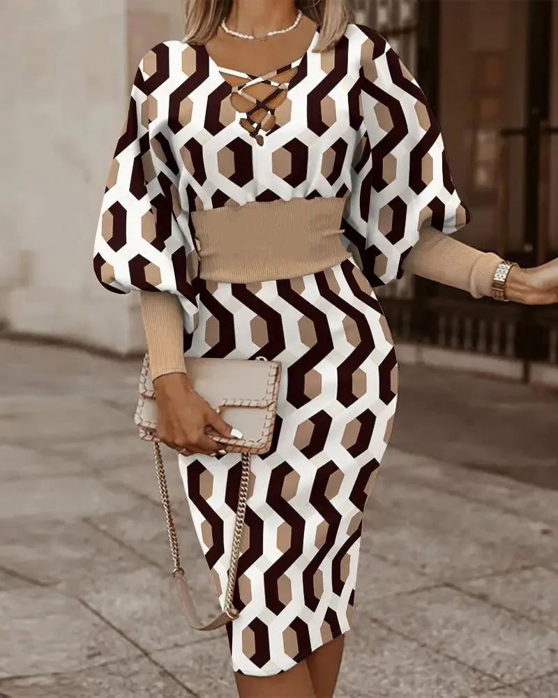 Dresses for Women 2022 Summer Autumn Fashion Casual V Neck Long Sleeve Hollow Out Waist Pack Hip Dress