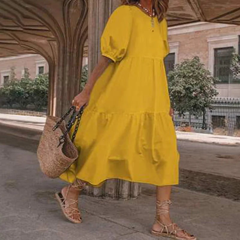 Summer Women Loose Mid-Calf Dress Vintage Lantern Sleeve Long Dresses Boho Ladies Beach DressesLoose Vestido Casual