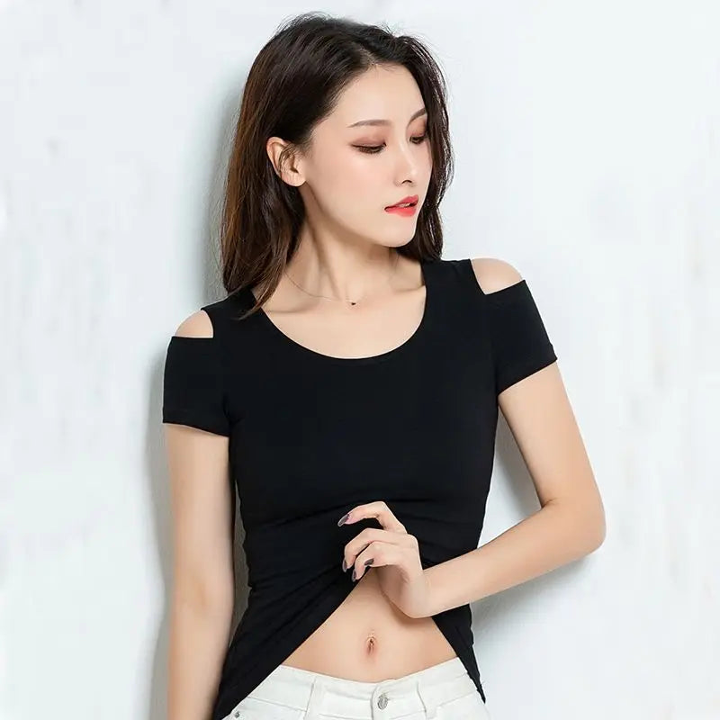 Women Clothes Summer Trend Simplicity Solid Color O-neck Off Shoulder Short Sleeve T-Shirt Women's Fashion Casual All-match Tops
