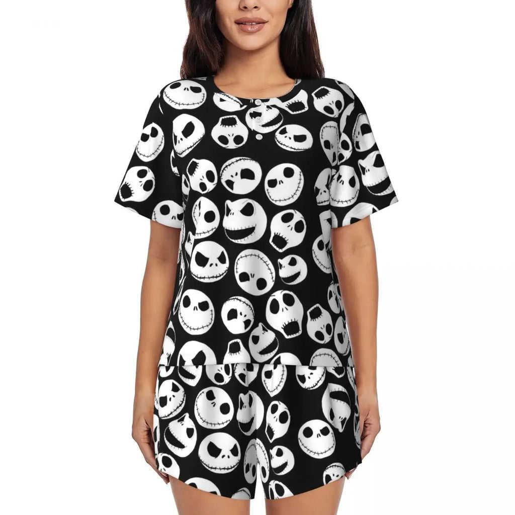 Women's Nightmare Before Christmas Jack Skellington Pajamas Set Printed 2 Piece Pjs Sets Short Sleeve Sleepwear Loungewear