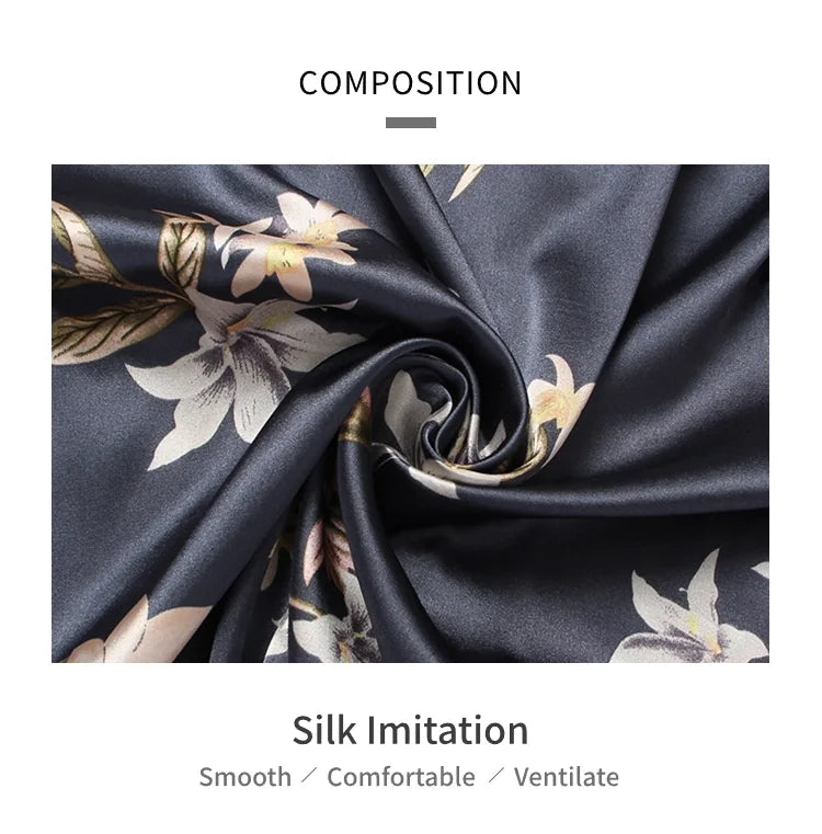 Pajamas For Women Home Clothes Autumn Satin Flower Print Sleepwear Long Sleeve Tops Pajama Pants Nightwear 2 Piece Pyjama Femme