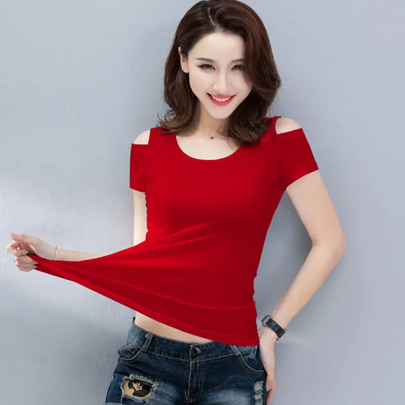 Women Clothes Summer Trend Simplicity Solid Color O-neck Off Shoulder Short Sleeve T-Shirt Women's Fashion Casual All-match Tops