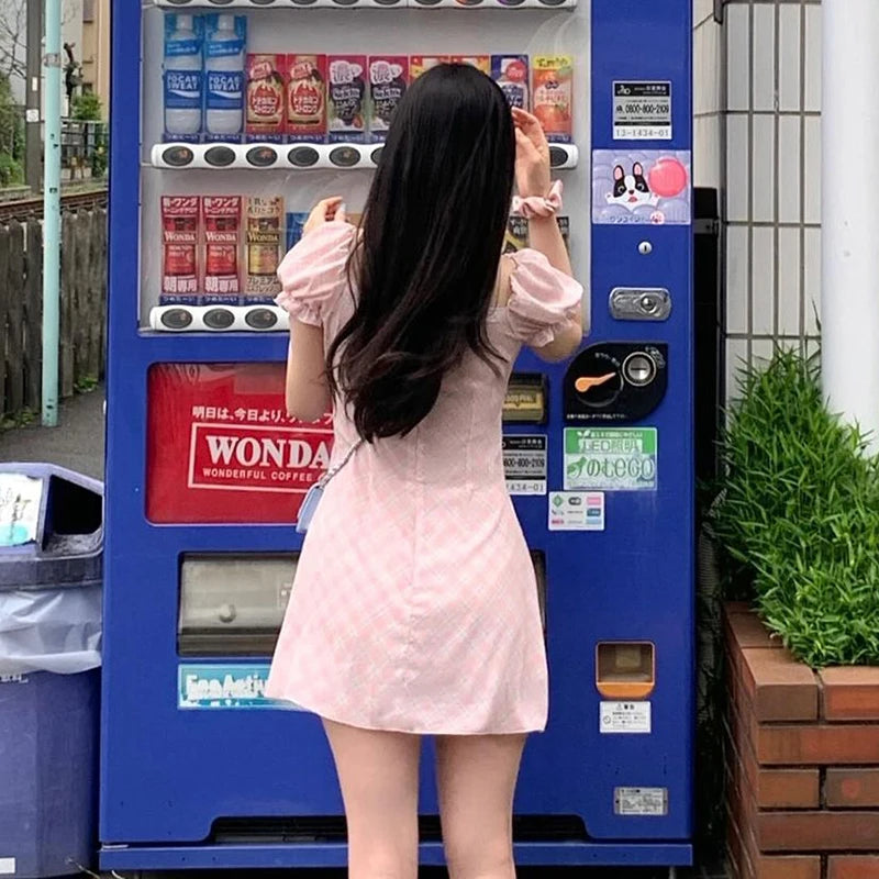 Women Sexy Dresses New Summer Streetwear Green Fashion Print Plaid Short Sleeve Mini Dress Club Party Female Elegant Tank Dress