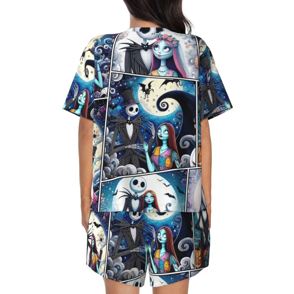 Women's Nightmare Before Christmas Jack Skellington Pajamas Set Printed 2 Piece Pjs Sets Short Sleeve Sleepwear Loungewear