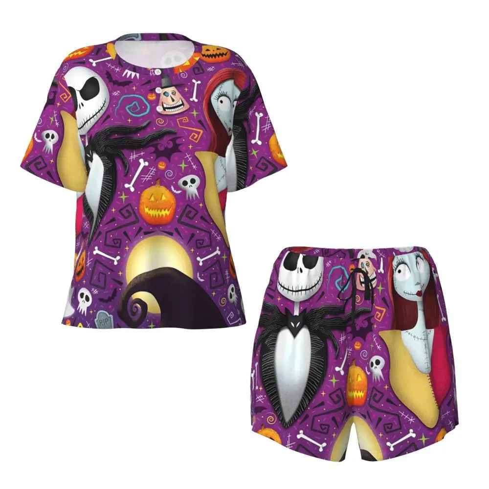 Women's Nightmare Before Christmas Jack Skellington Pajamas Set Printed 2 Piece Pjs Sets Short Sleeve Sleepwear Loungewear