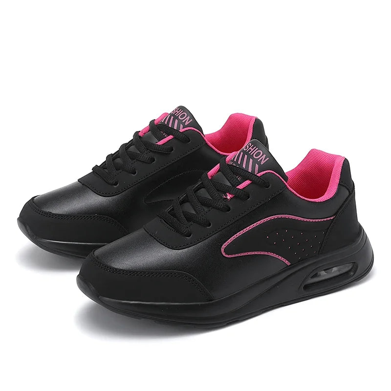 2025 New Women's Fashionable Sneakers Leather Women's Casual Shoes Lace Up Flat Shoes Ladies Lightweight Fitness Walking Shoes