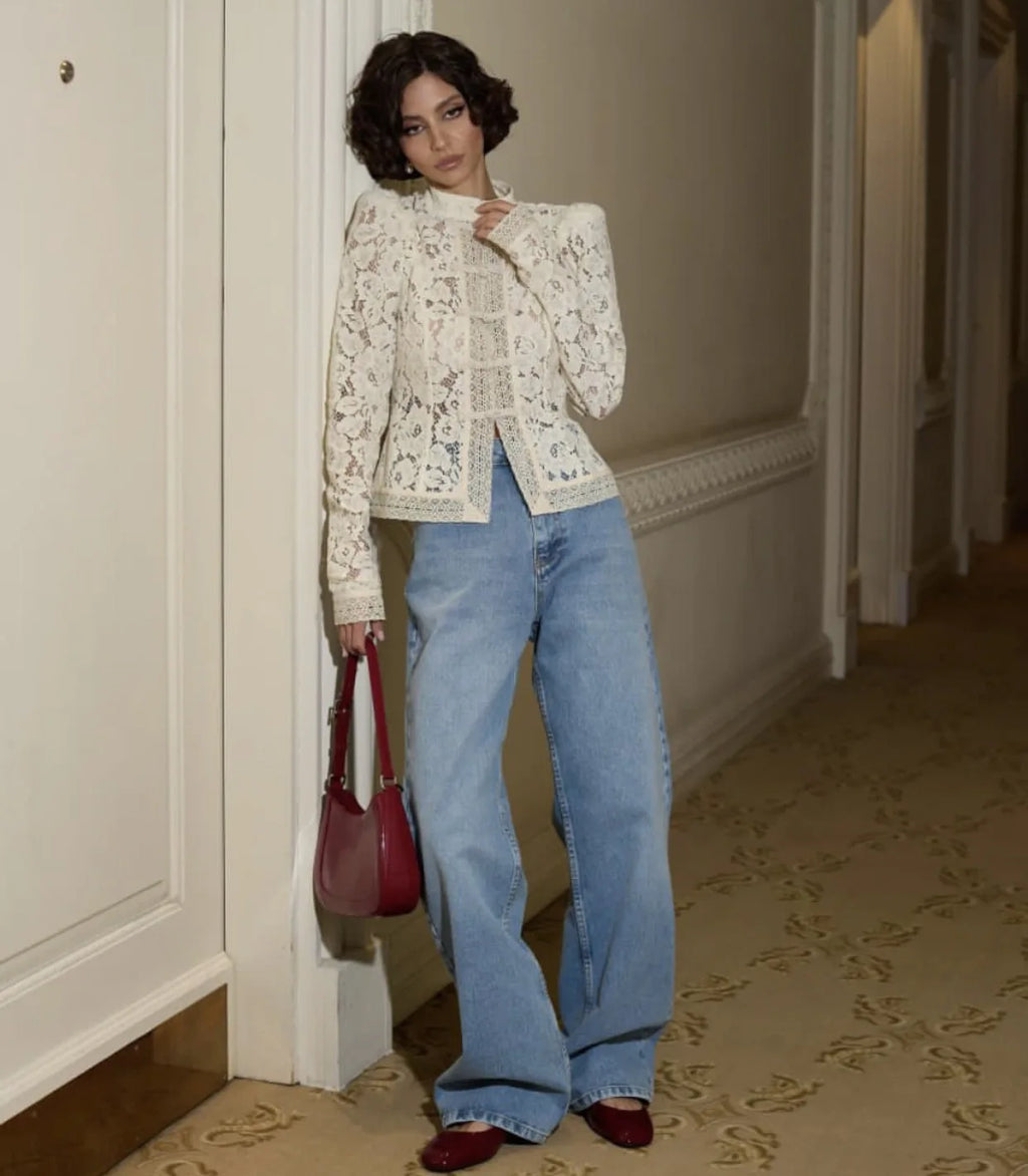 Tossy Summer Lace Printed Shirts Tops Female Hollow Out Fashion Commute Vintage See-Through Blouse Women's Lace Shrug Shirts New