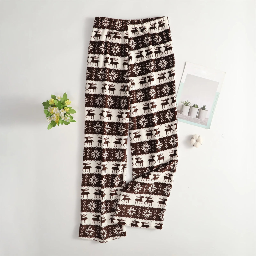 Women Christmas Printed Pajama Pants Winter Warm Soft Plush Sleep Pants Comfy Elastic Waist Home Clothes Bottoms with 2 Pockets