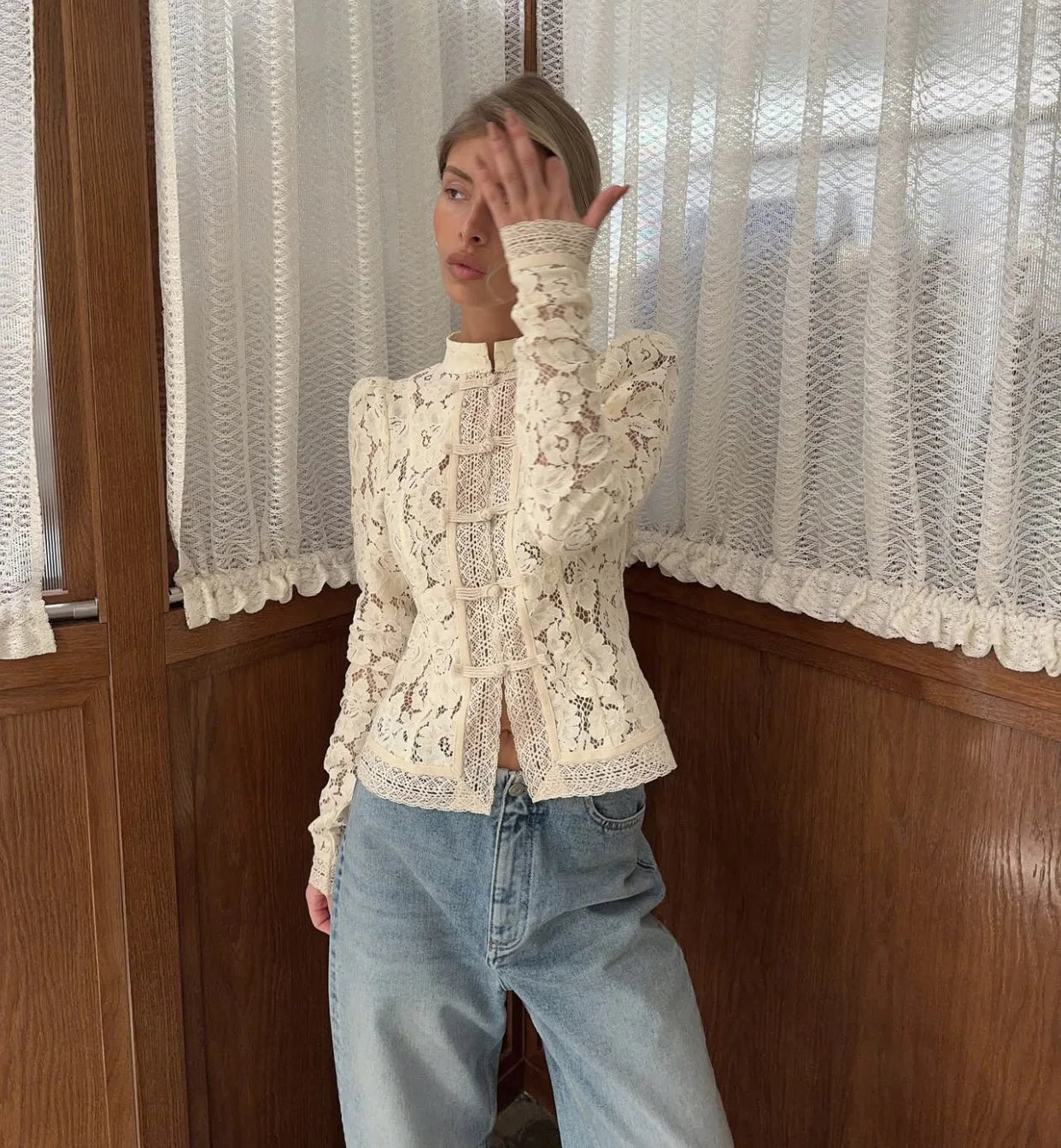 Tossy Summer Lace Printed Shirts Tops Female Hollow Out Fashion Commute Vintage See-Through Blouse Women's Lace Shrug Shirts New