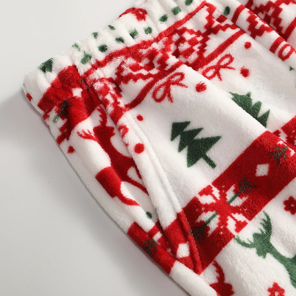 Women Christmas Printed Pajama Pants Winter Warm Soft Plush Sleep Pants Comfy Elastic Waist Home Clothes Bottoms with 2 Pockets