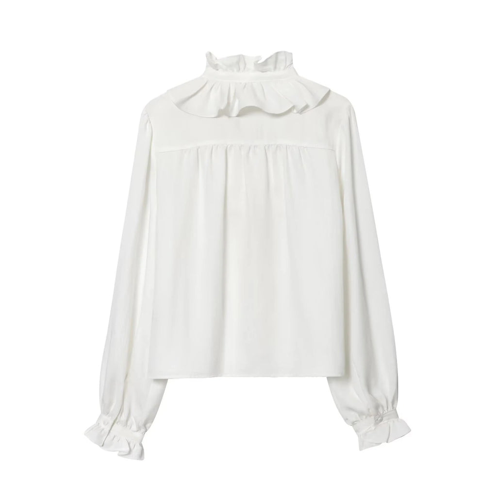 Winter new women's casual versatile temperament simple and fashionable long sleeved single breasted pleated collar top